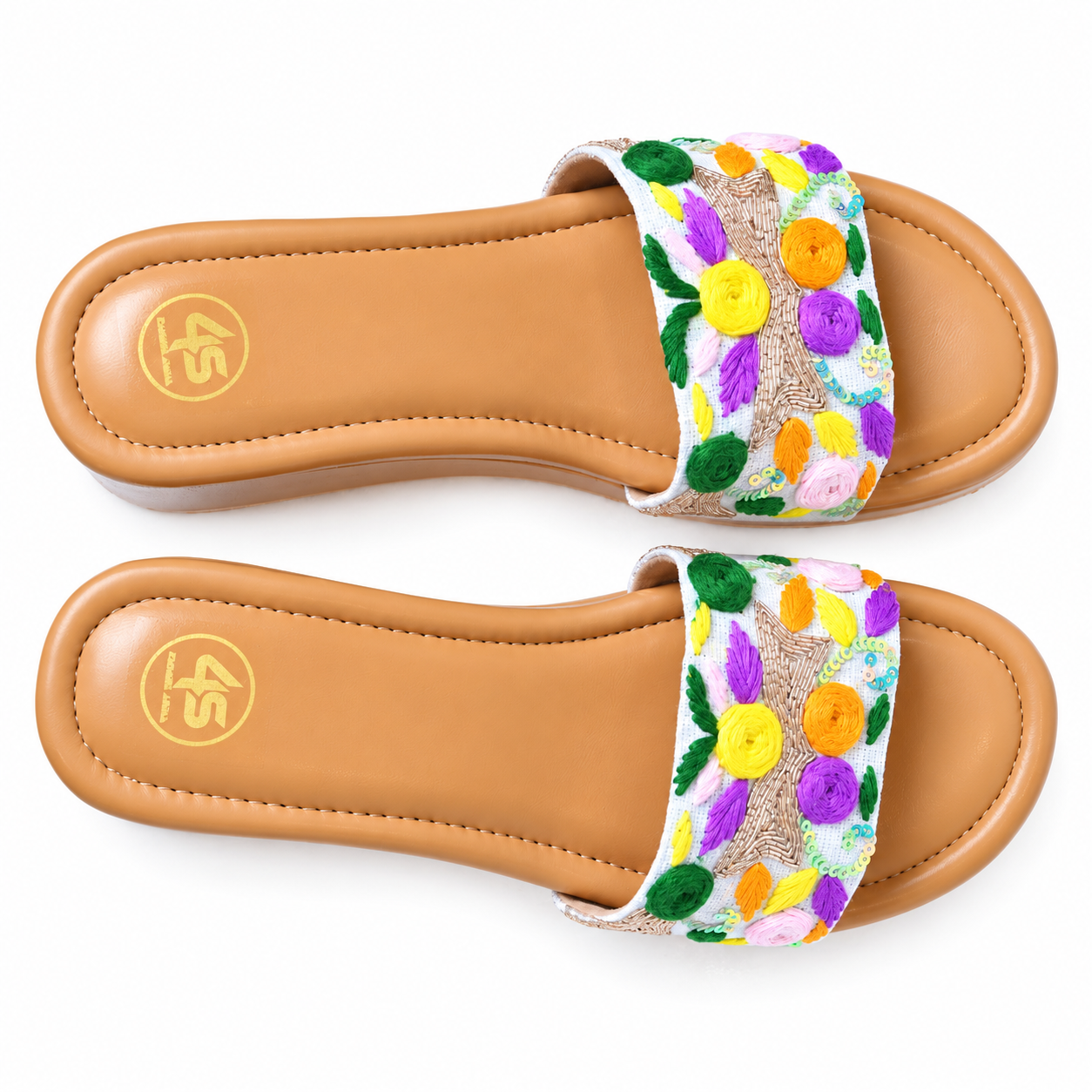 Multicolor Floral Embroidered Wedge Slide Sandals