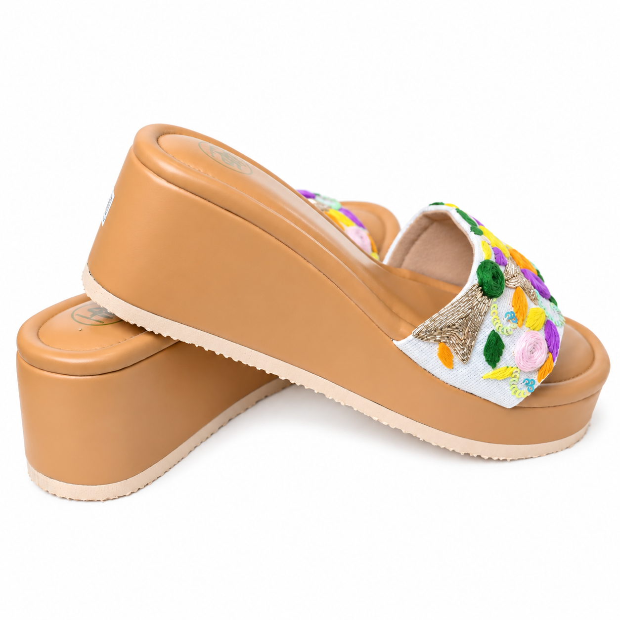 Multicolor Floral Embroidered Wedge Slide Sandals