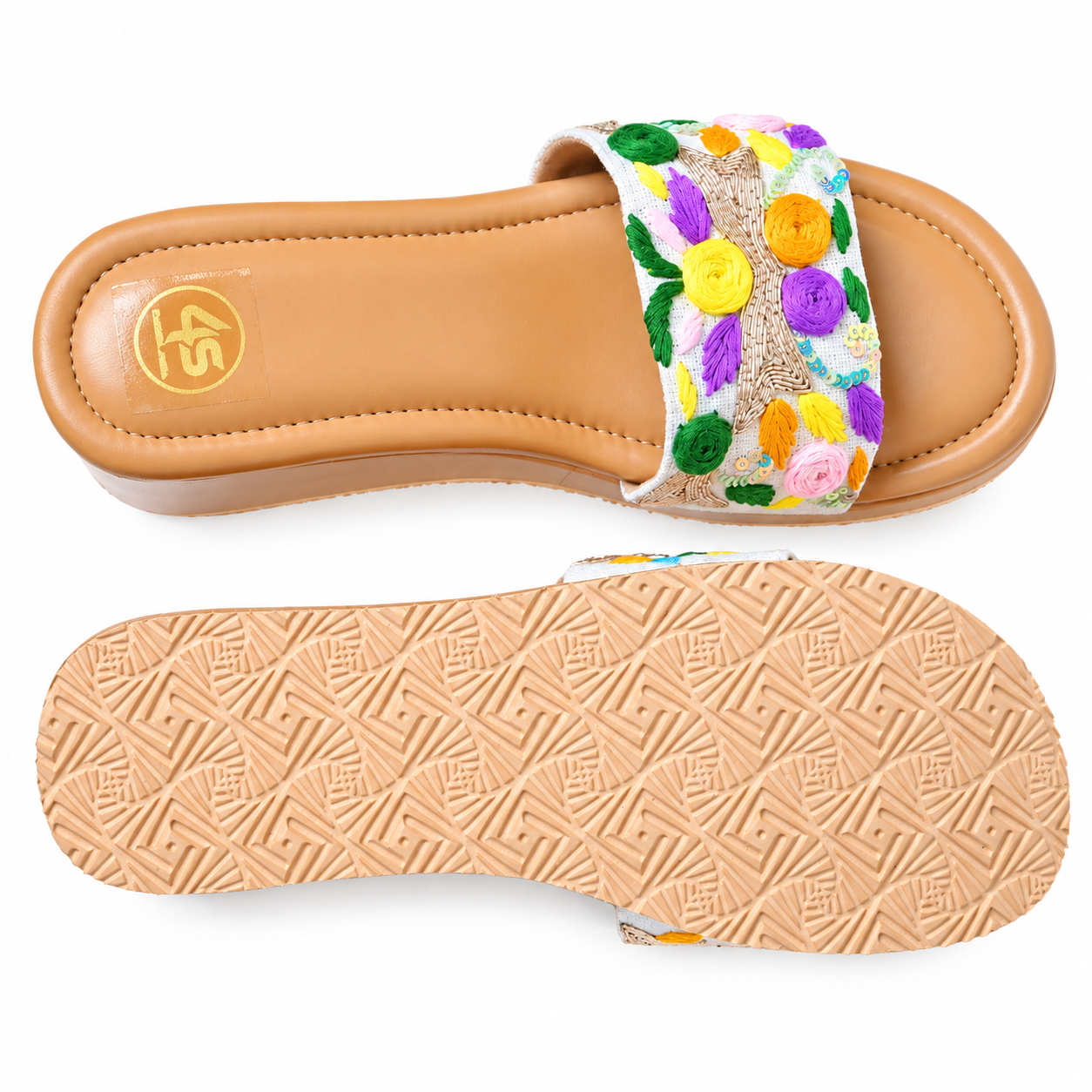 Multicolor Floral Embroidered Wedge Slide Sandals